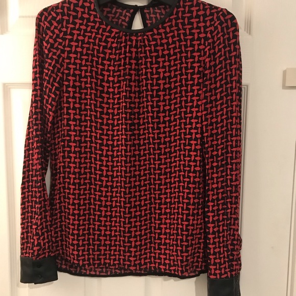 Red Black Zara Woman Blouse Top with faux leather trim cuffs keyhole back small - Picture 3 of 4